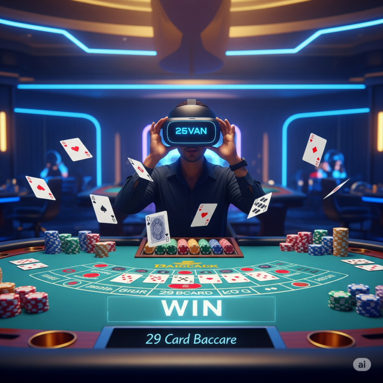 Player wearing VR headset playing 29 Card Baccarat online with digital cards and chips.