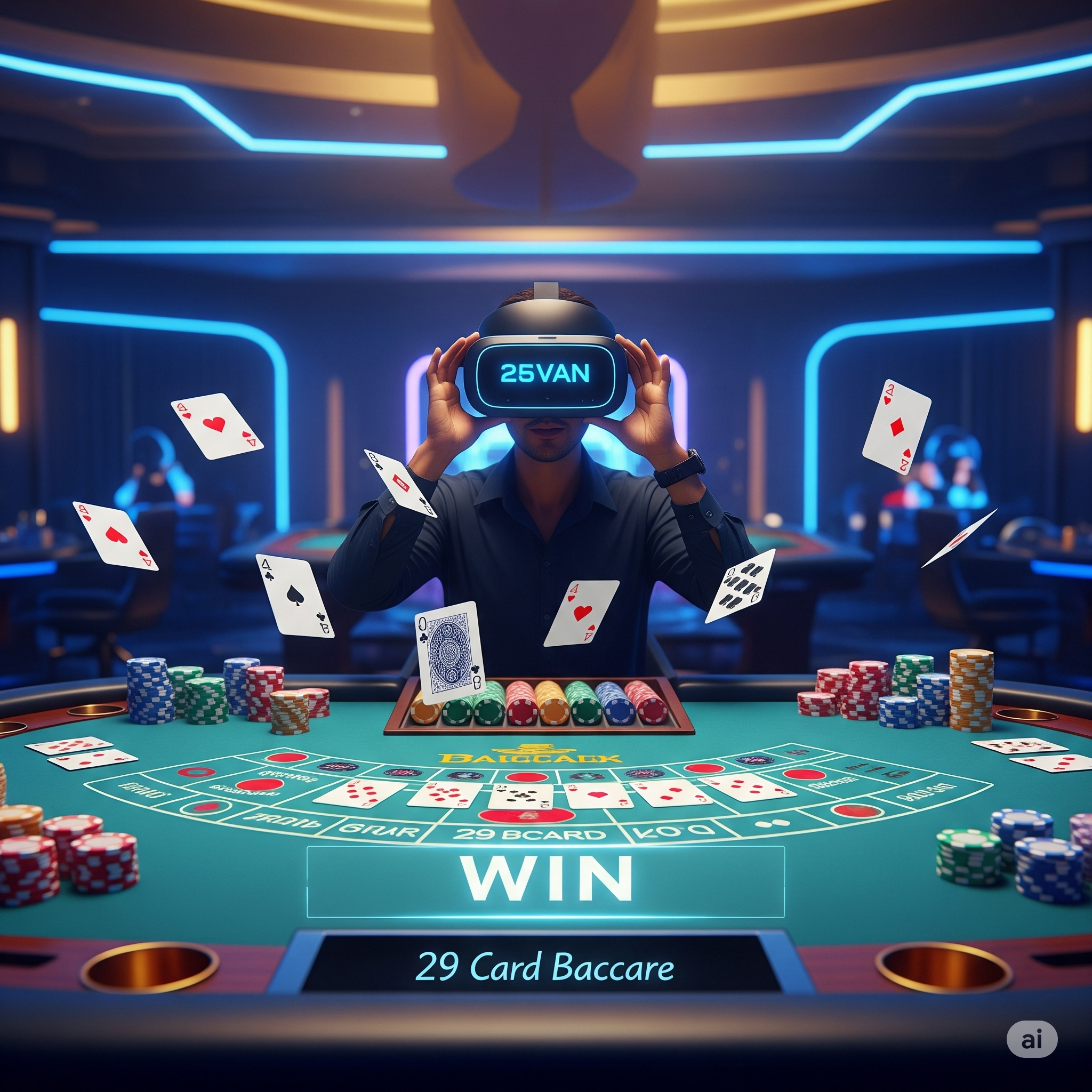 Player wearing VR headset playing 29 Card Baccarat online with digital cards and chips.