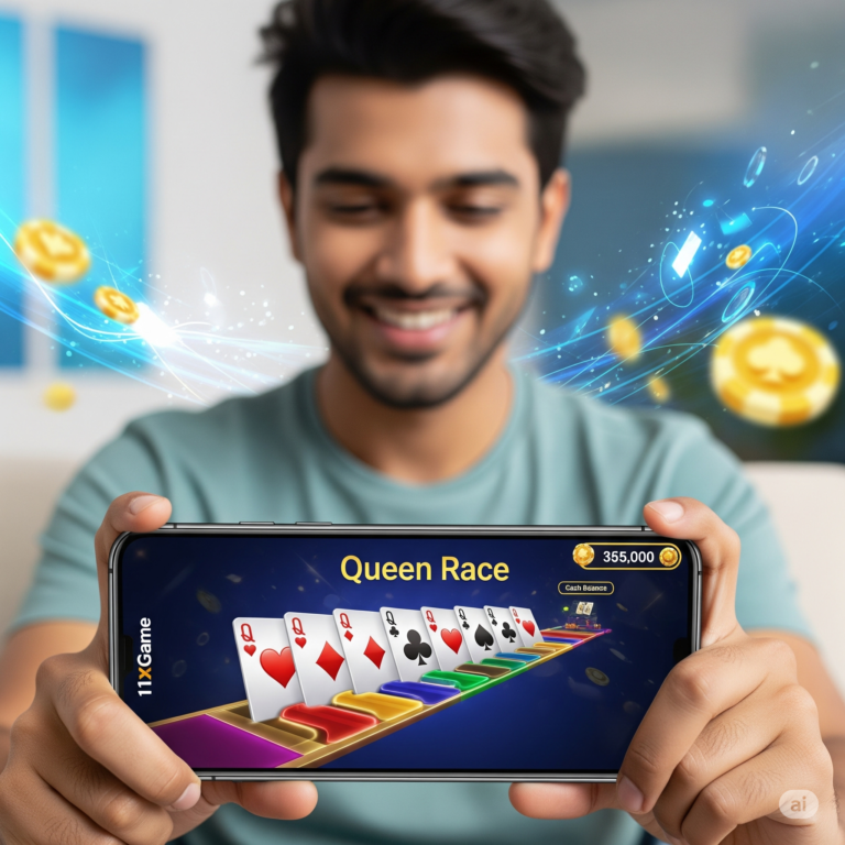Player racing cards in Queen Race real cash app on phone