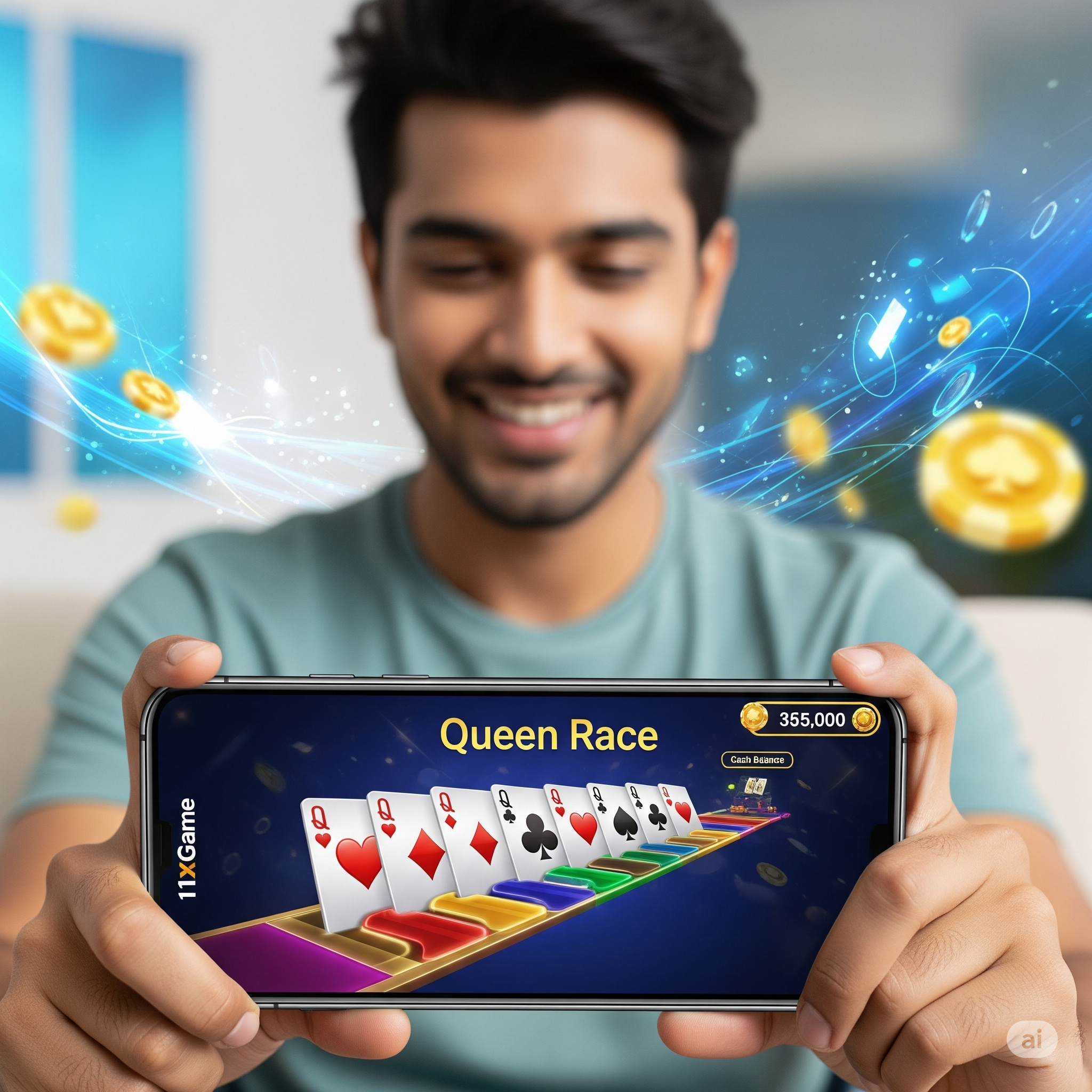 Player racing cards in Queen Race real cash app on phone
