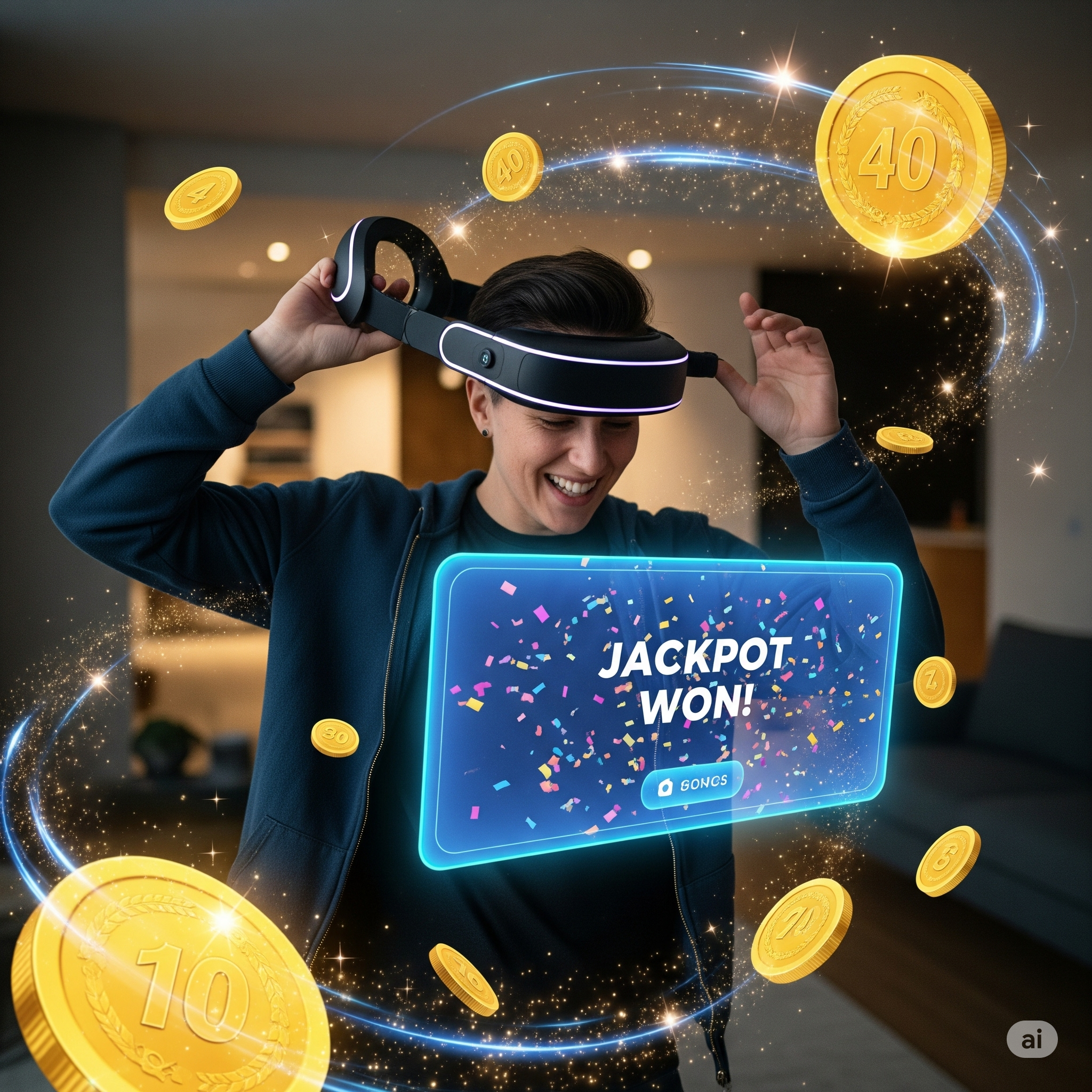 A man wearing a VR headset plays the futuristic VR Worli Matka Game in 2025, interacting with a holographic interface showing numbers.