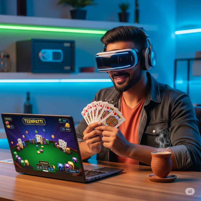 Indian man wearing VR headset playing Muflis Teenpatti with strategy tips