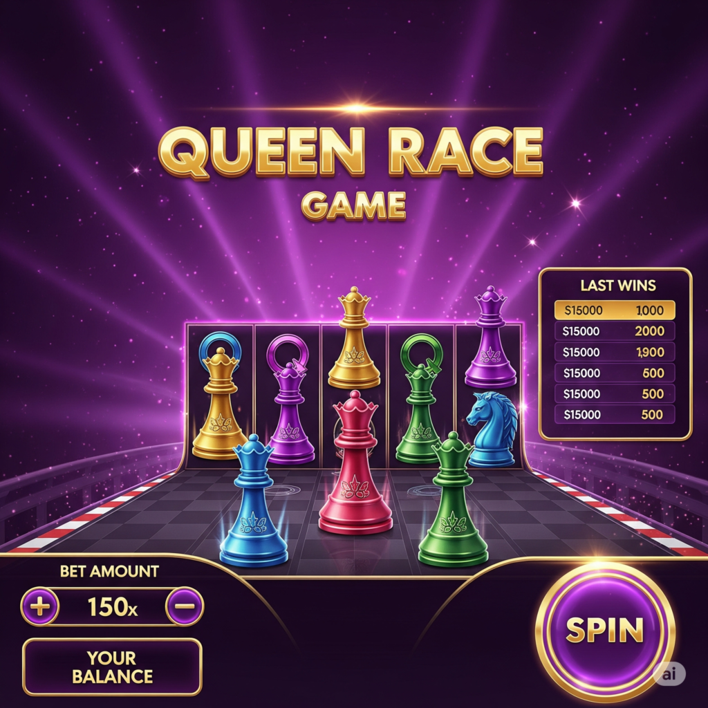 A majestic queen chess piece standing on a futuristic neon racetrack, symbolizing the Queen Race Game