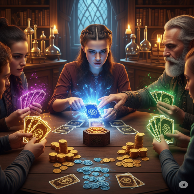 Players alternating turns drawing cards from the deck or discard pile during Aura Card Game gameplay.