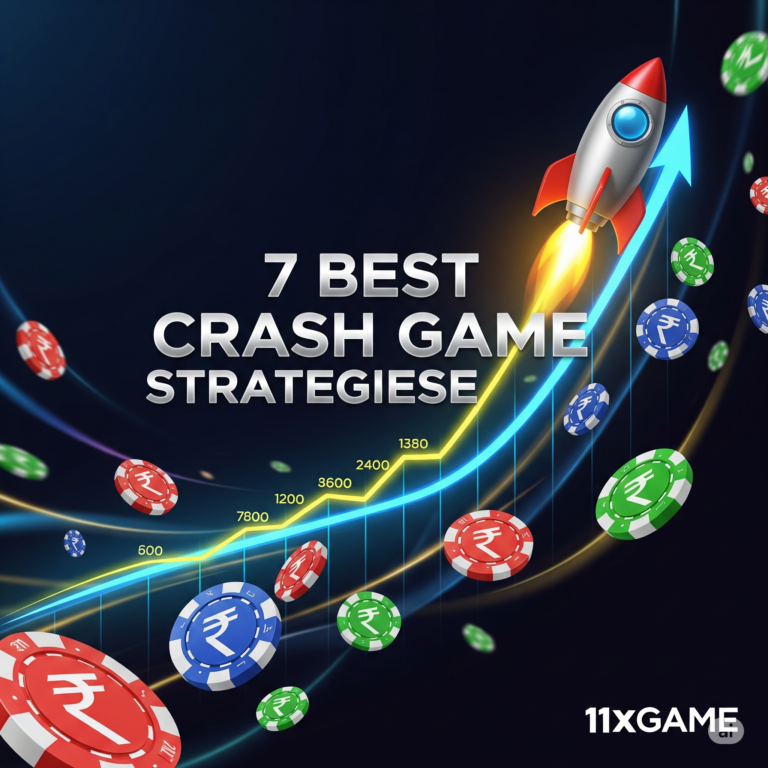 A featured image for a blog post on the best crash game strategies, showing a rocket on a rising graph with currency symbols.
