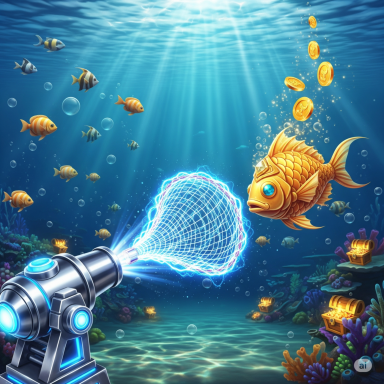 A vibrant underwater scene from the Jackpot Fishing casino game, showcasing colorful fish and a futuristic cannon shooting a net towards a large golden fish, surrounded by gold coins and treasure chests.