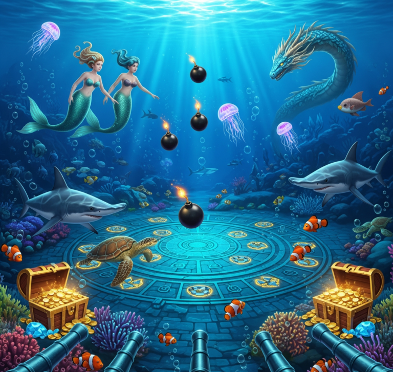 A vibrant gameplay screenshot from the Royal Fishing betting game showing a player firing a powerful cannon at a school of colorful fish to win gold coins.