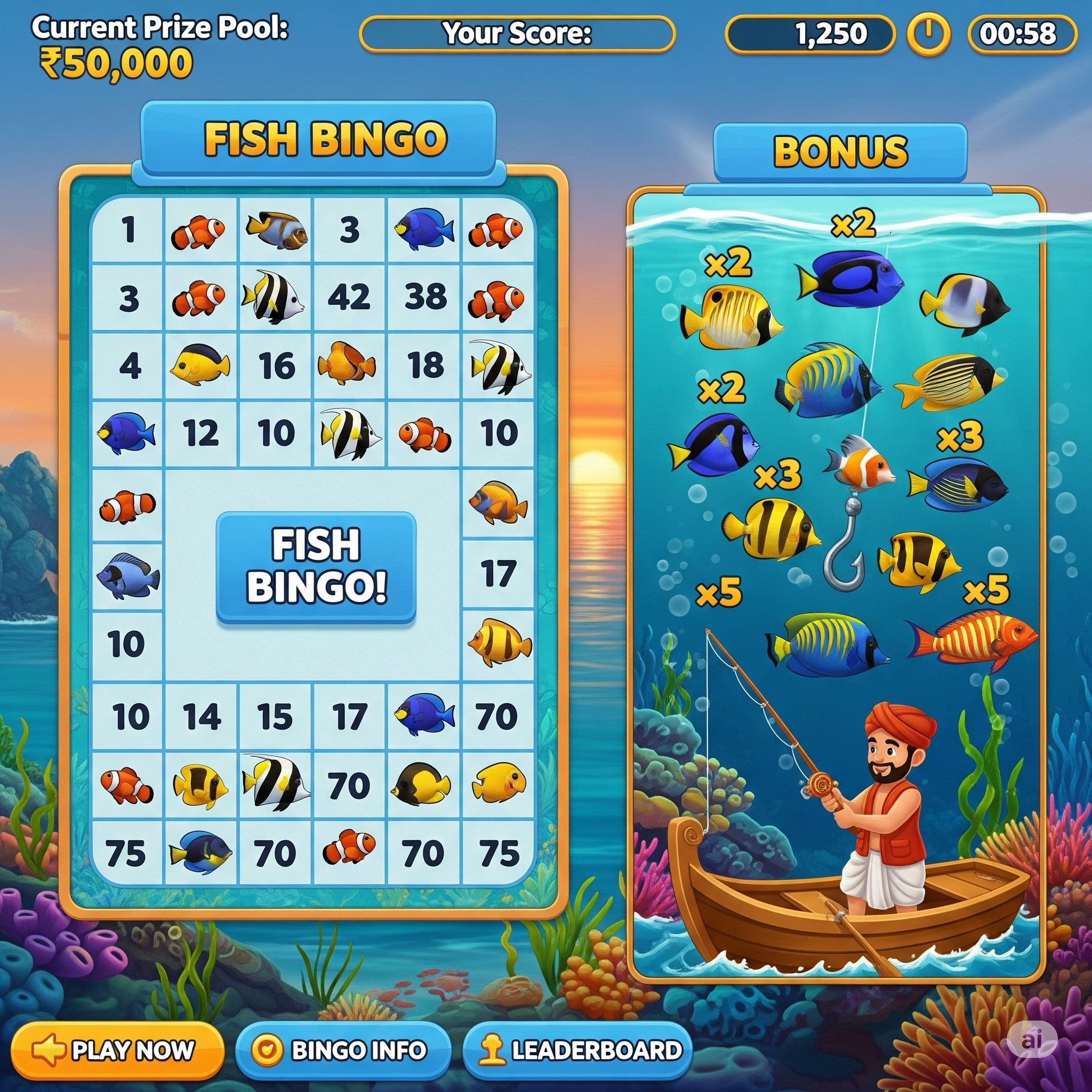 Colorful fish bingo lucky game big win reward interface showing fish, bingo cards, and cash prizes for Indian players.