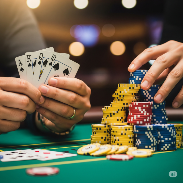 A group of focused men playing a high-stakes poker tournament at a green felt table with a professional dealer,