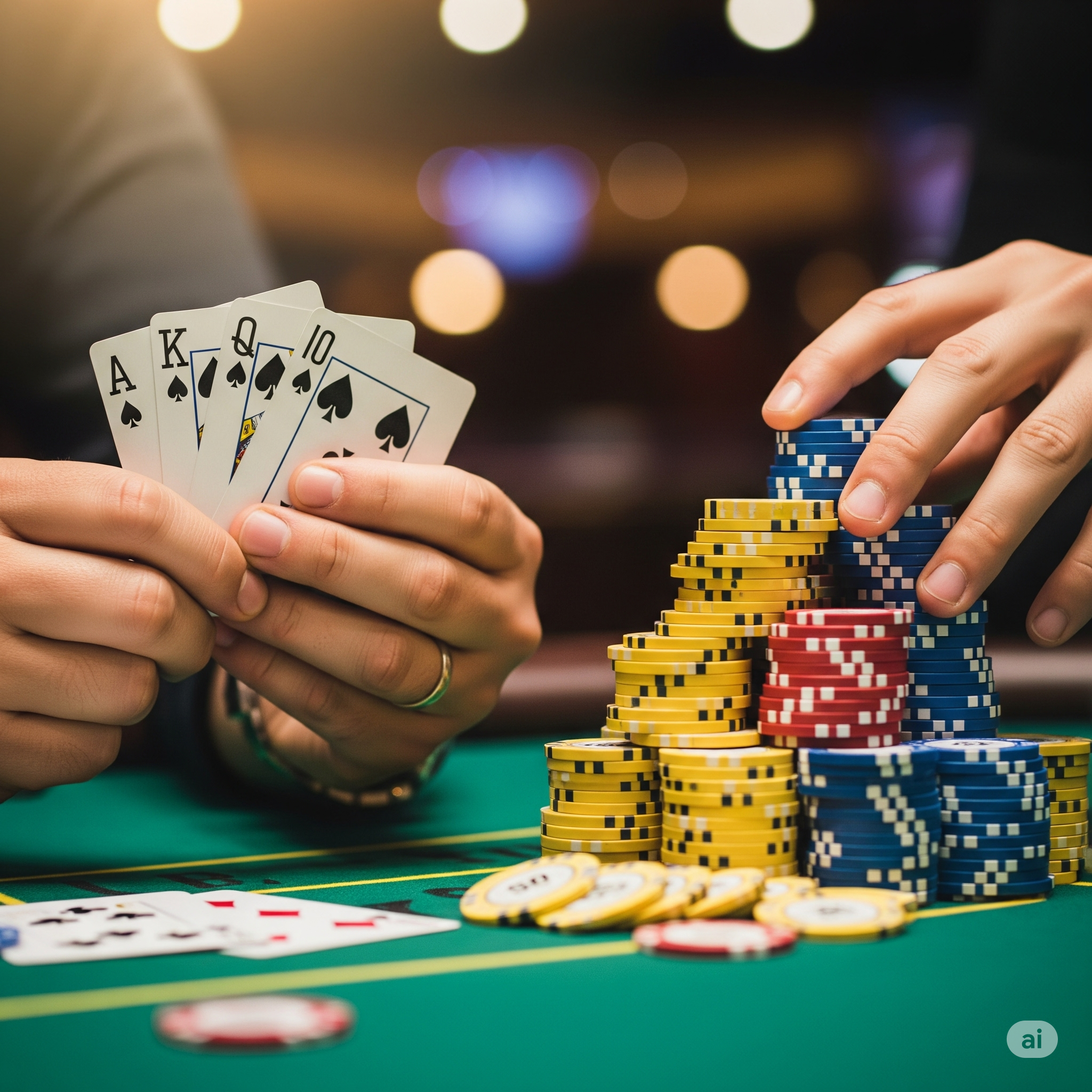 A group of focused men playing a high-stakes poker tournament at a green felt table with a professional dealer,
