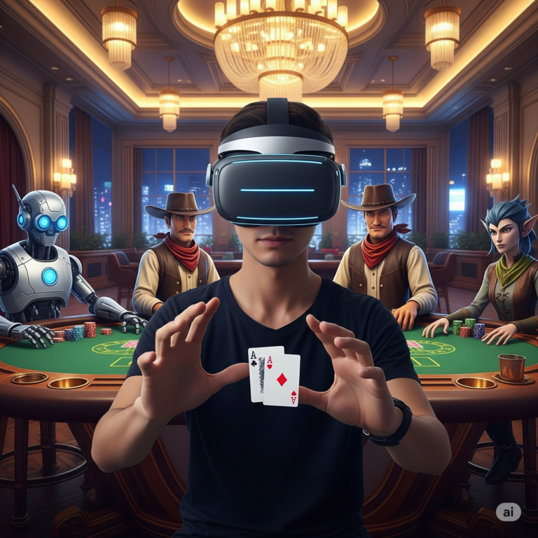 Player holding a winning poker hand in a VR Poker Game.