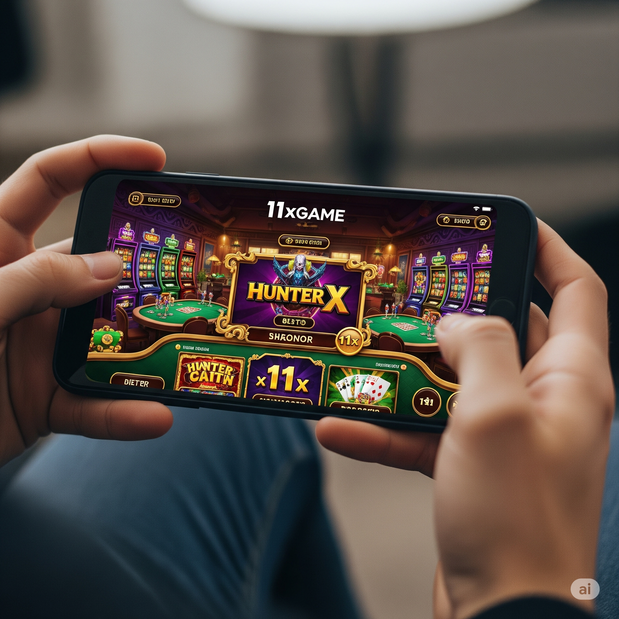 A person playing the Hunter X casino game on a smartphone using the 11xGame mobile app.