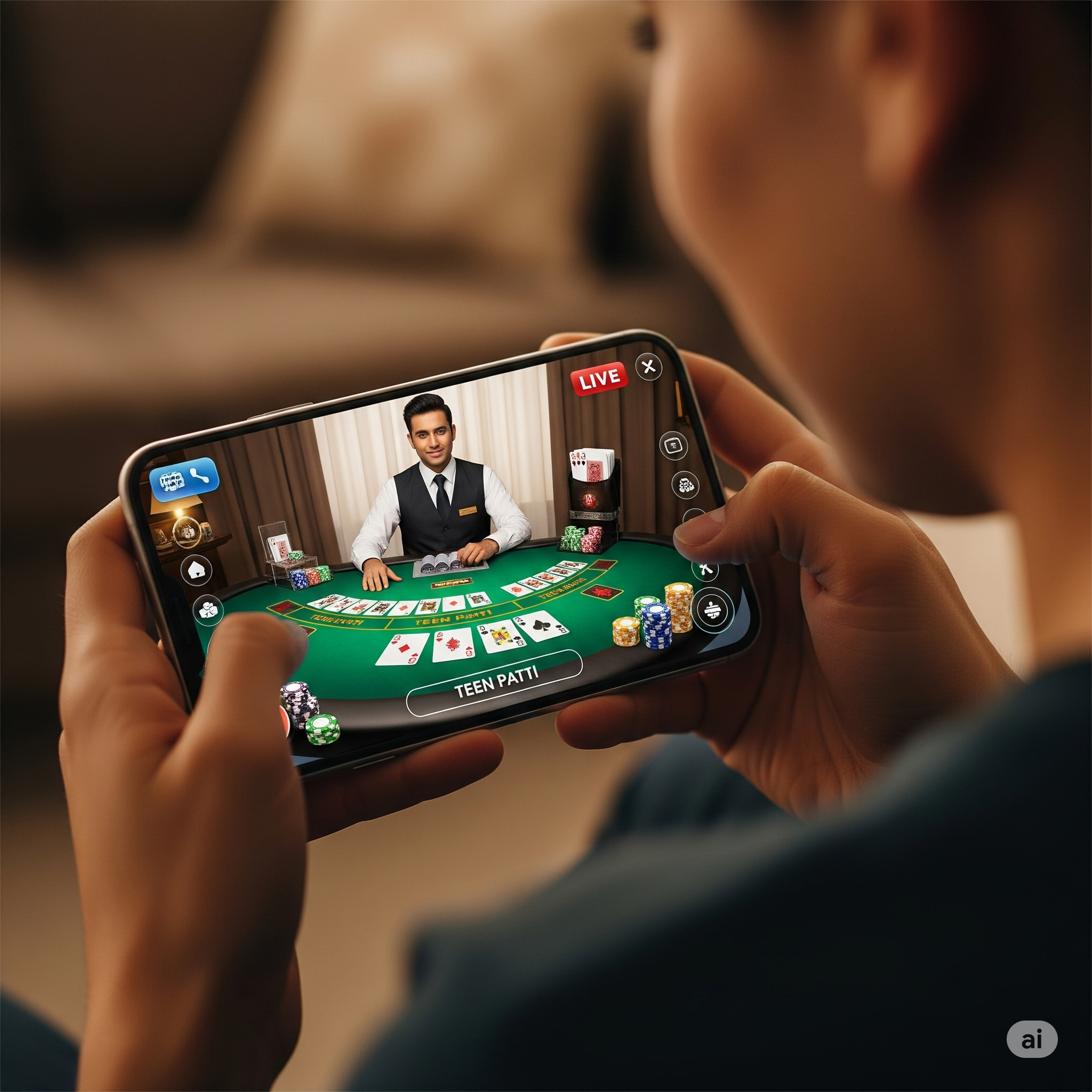 A player enjoying live Teen Patti casino game on a smartphone with real-time dealer interaction
