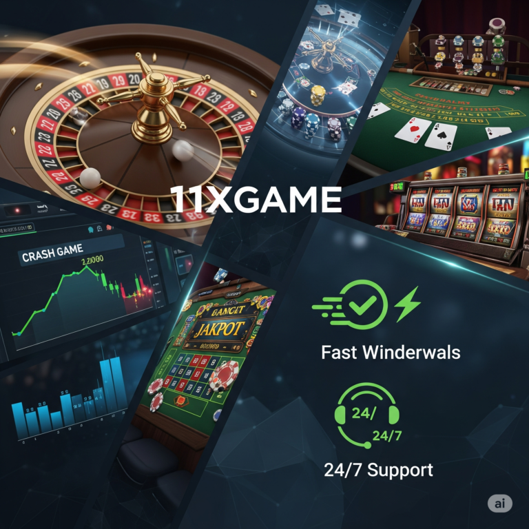A promotional image for the 11xGame platform, highlighting its features like a large game selection, fast withdrawals, and 24/7 support