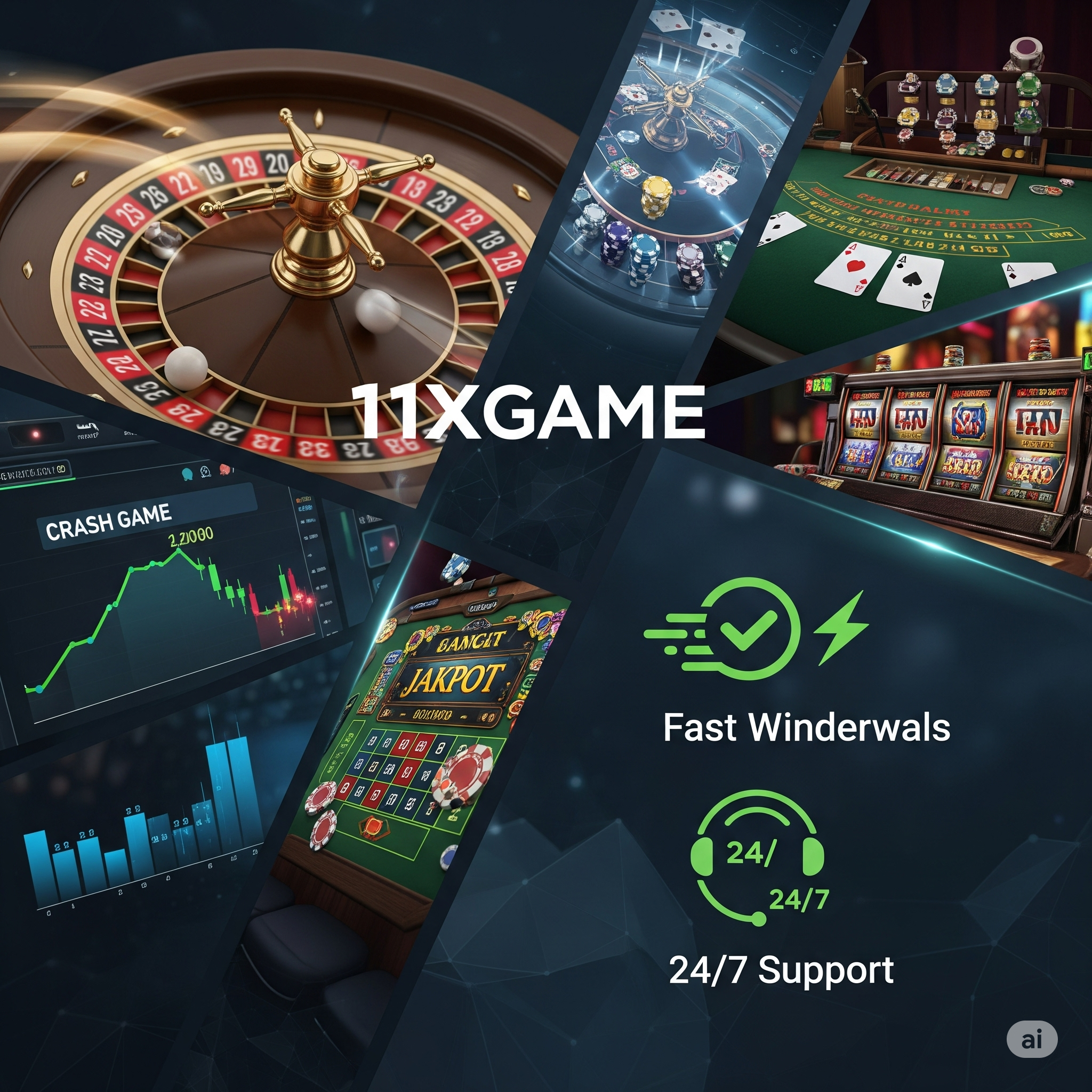 A promotional image for the 11xGame platform, highlighting its features like a large game selection, fast withdrawals, and 24/7 support