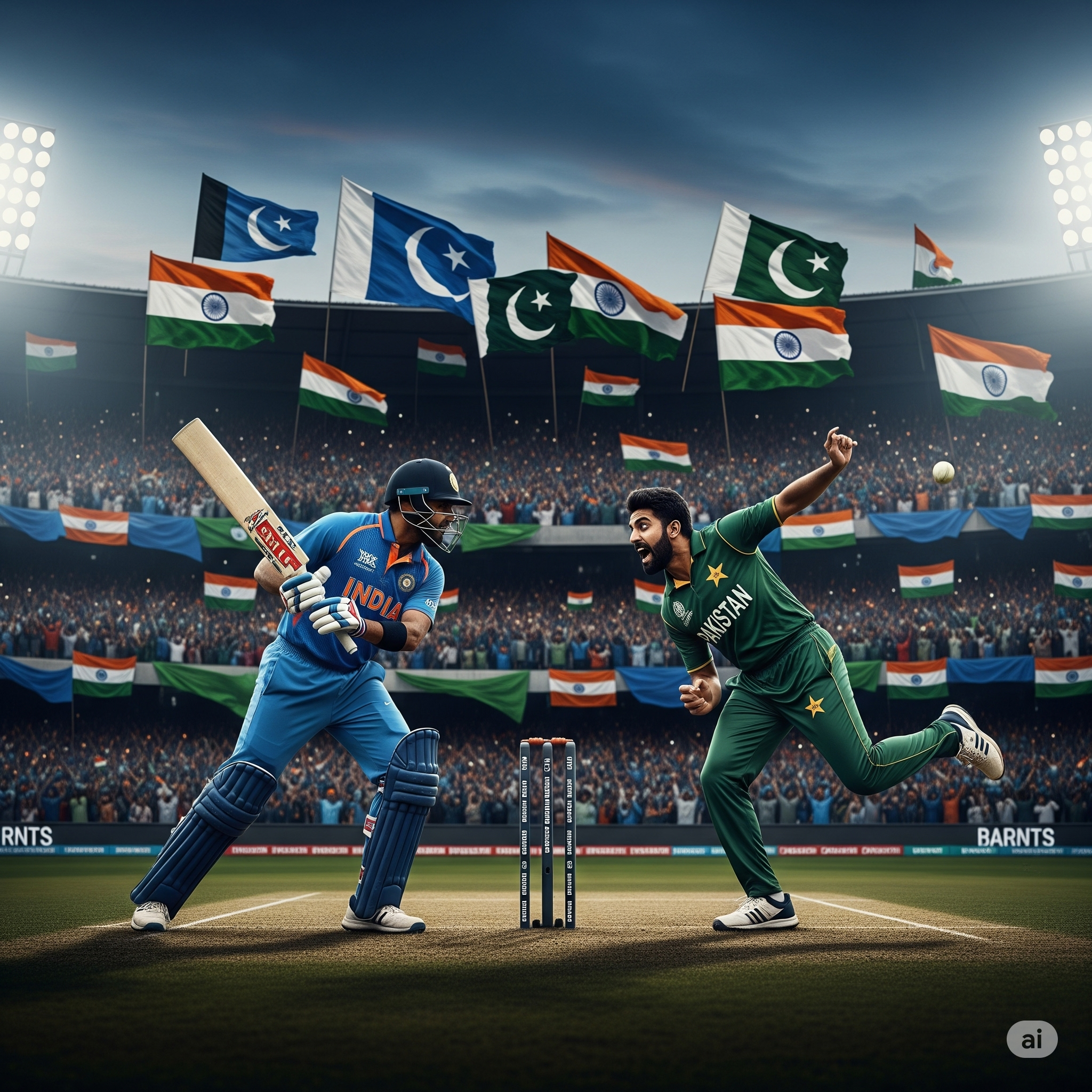 An intense face-off between an Indian batsman and a Pakistani bowler, symbolizing the historic India national cricket team vs Pakistan national cricket team rivalry.