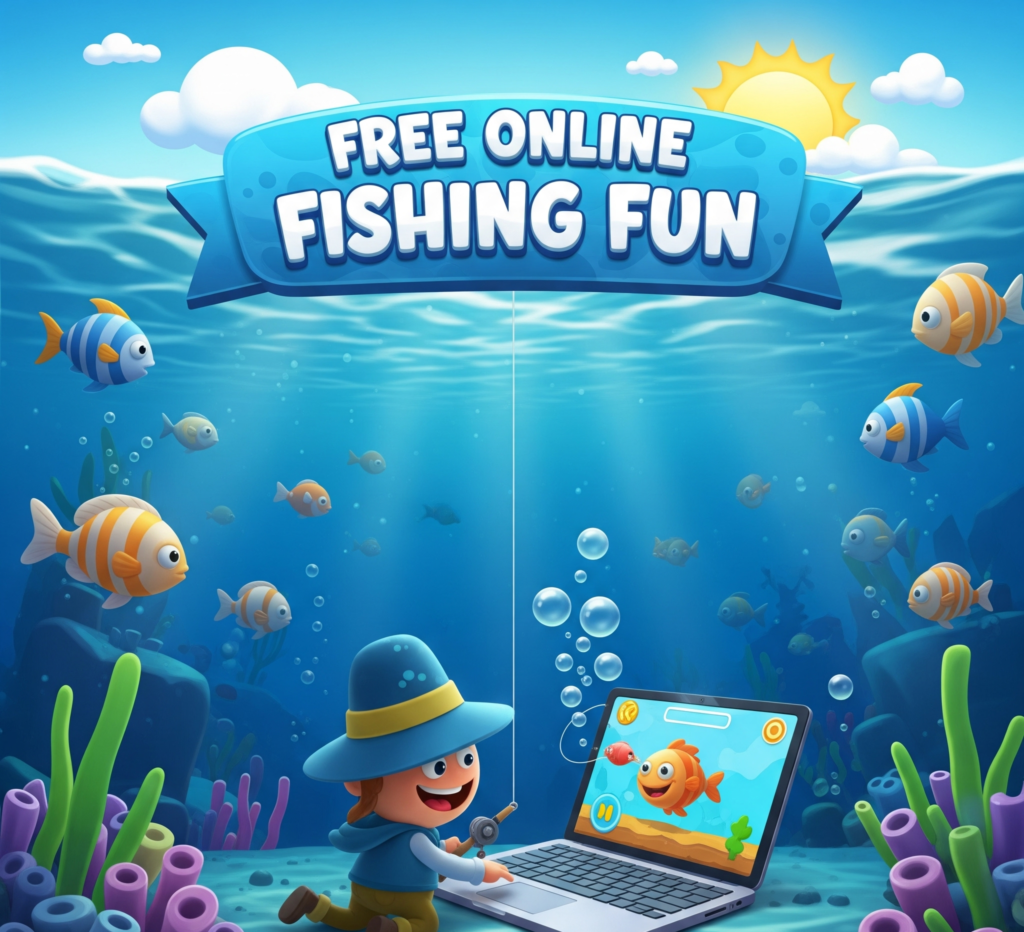 A group of cartoon animals, including a bear with a headset, a fox, and an owl, enthusiastically play a "Free Online Fishing Fun" game together in a cozy room.