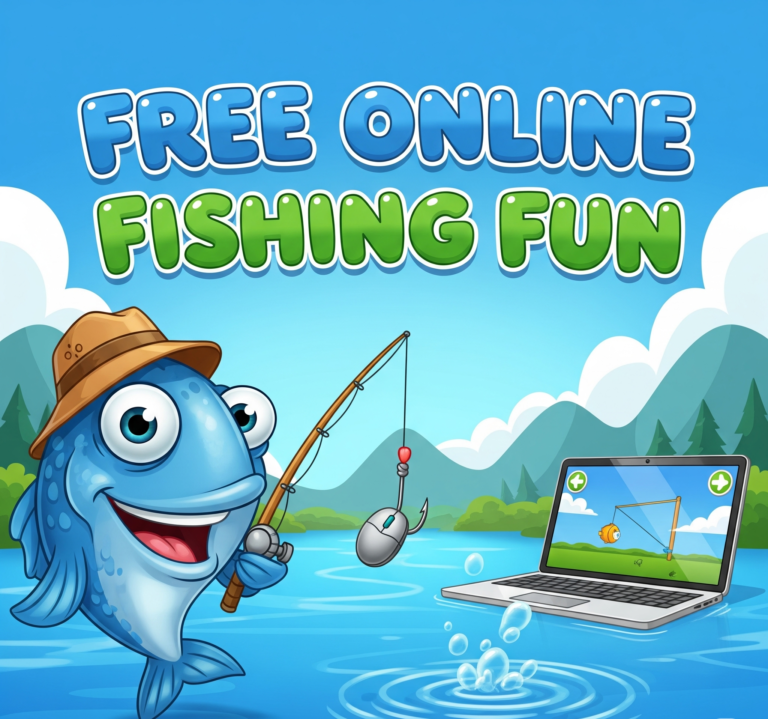 A cartoon boy plays a free online fishing game on his laptop while sitting on the ocean floor, surrounded by colorful fish. The text "Free Online Fishing Fun" is displayed in a banner above
