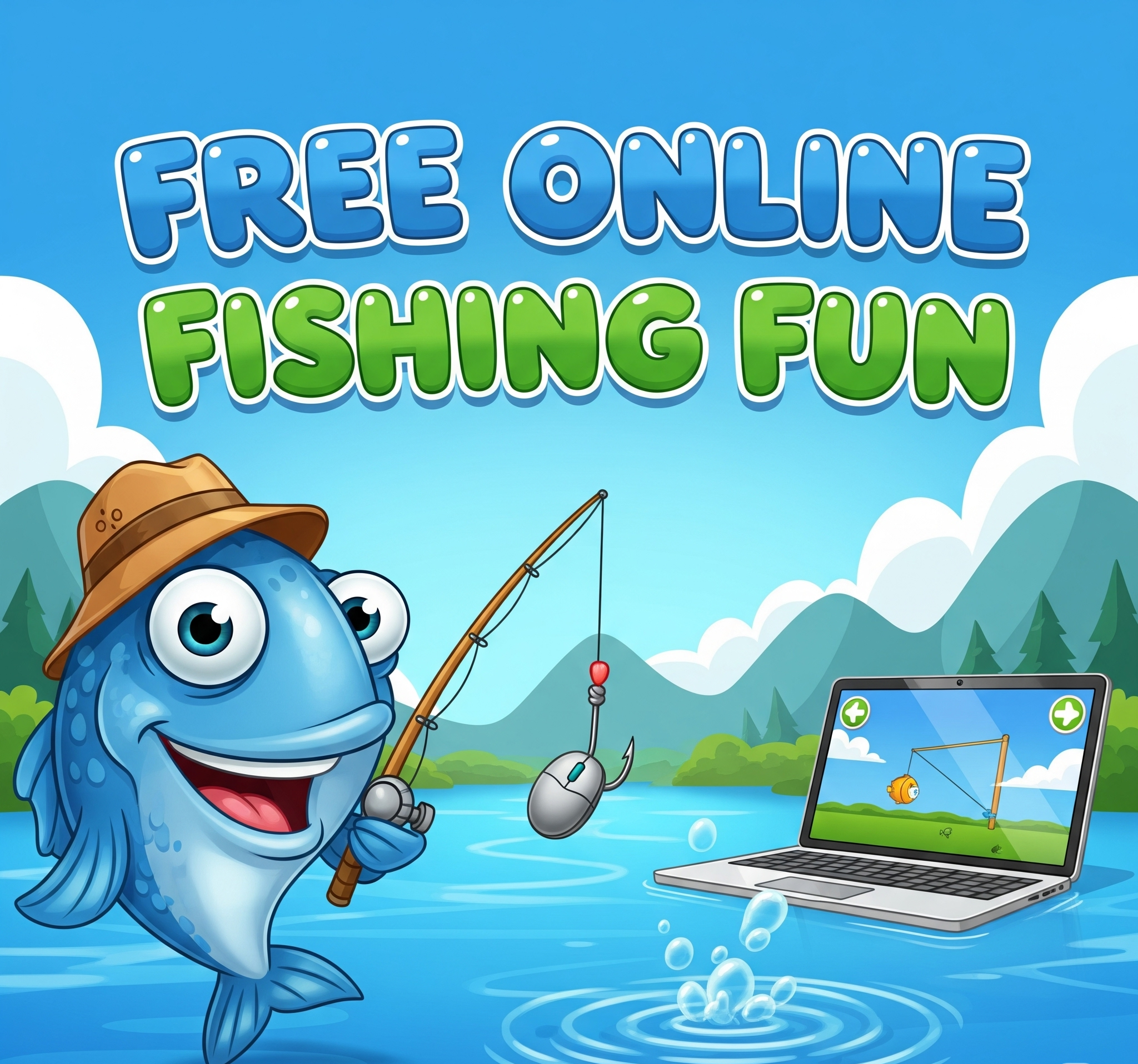 A cartoon boy plays a free online fishing game on his laptop while sitting on the ocean floor, surrounded by colorful fish. The text "Free Online Fishing Fun" is displayed in a banner above