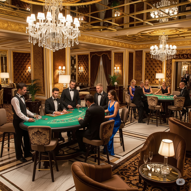 An elegant Baccarat table in a luxurious casino setting, answering the question: Is Baccarat a luxury game?