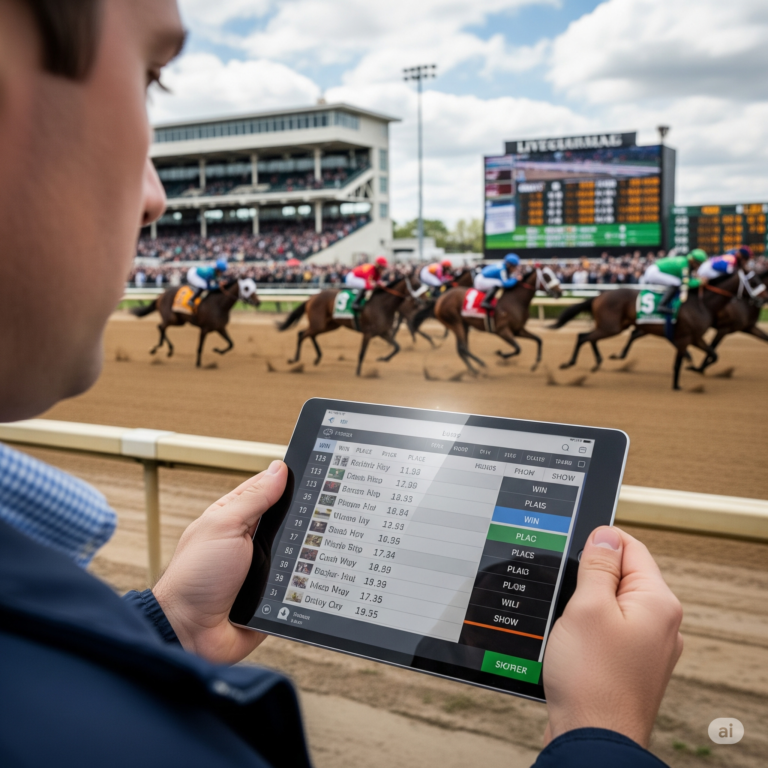 Horses racing on a track in an online betting competition
