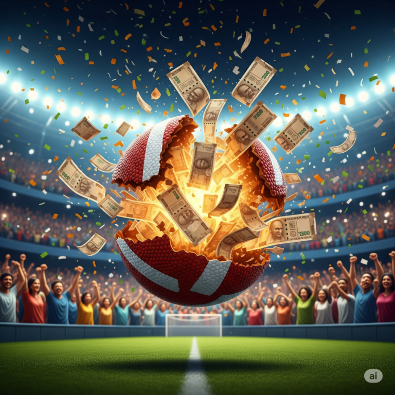 A dynamic image of a football exploding with Indian Rupee notes, symbolizing the booming football betting game market in India, with a cheering crowd in a stadium background.
