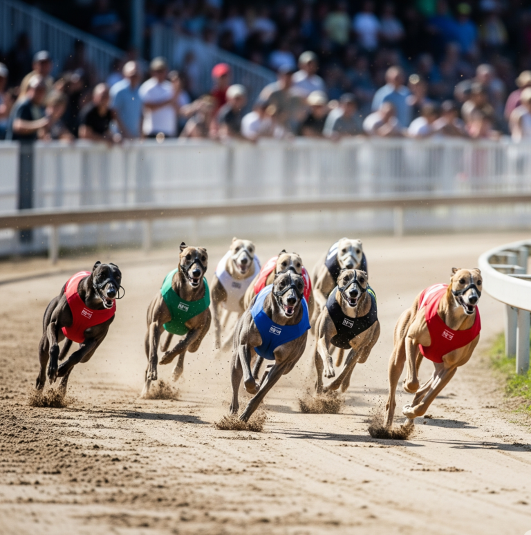 A pack of greyhounds in colorful vests race around a dirt track at sunset, casting long, dramatic shadows.