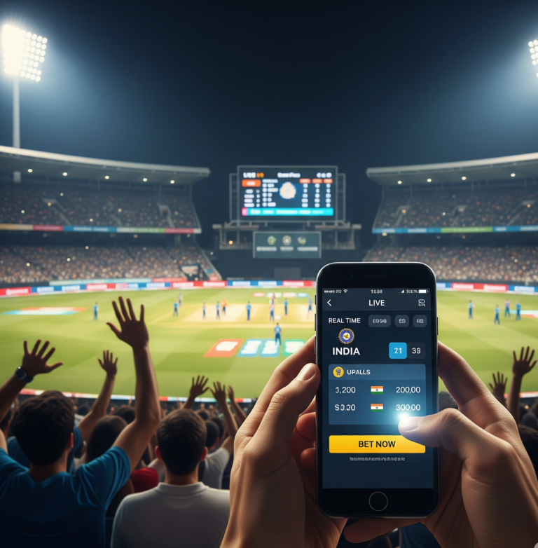 A tablet displaying a sleek, dark-themed cricket live betting app with real-time odds next to the live match in a stadium at dusk.