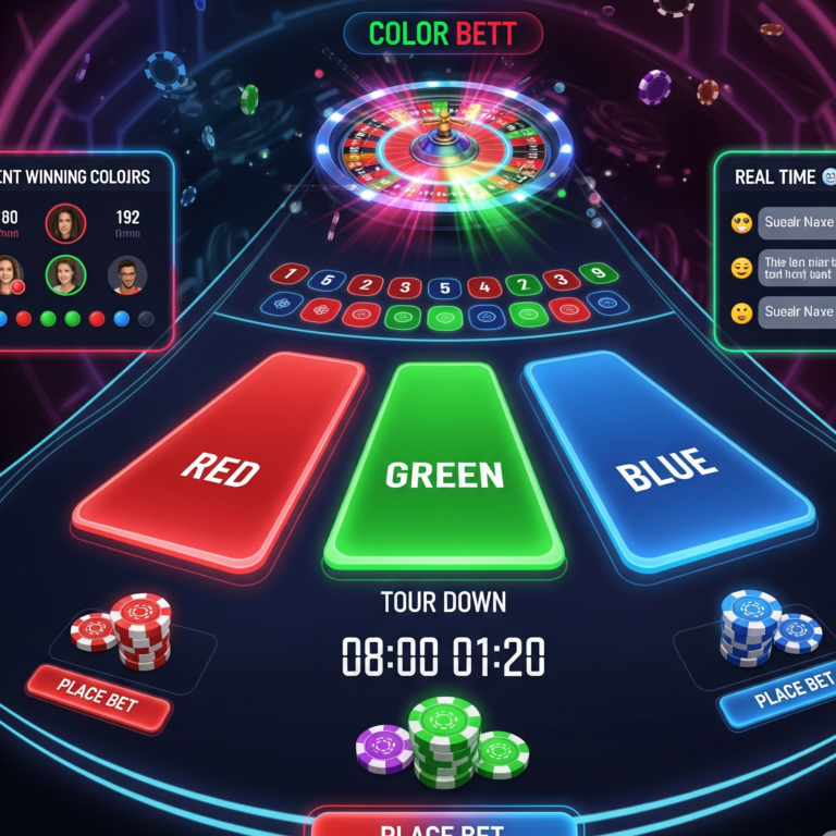 A vibrant online color betting game interface on a desktop screen, showing options to bet on red, green, or blue, with a timer and betting chips.