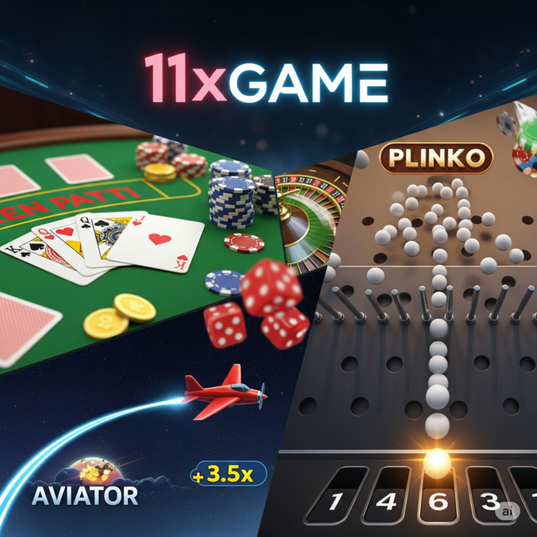 A vibrant collage of popular casino games on 11xGame, including Teen Patti, Aviator, and Plinko, with the 11xGame logo.