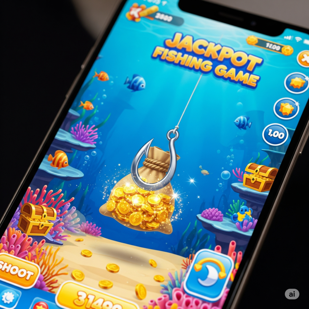 Jackpot Fishing Game Online interface showing fish targets, coins, and shooting controls
