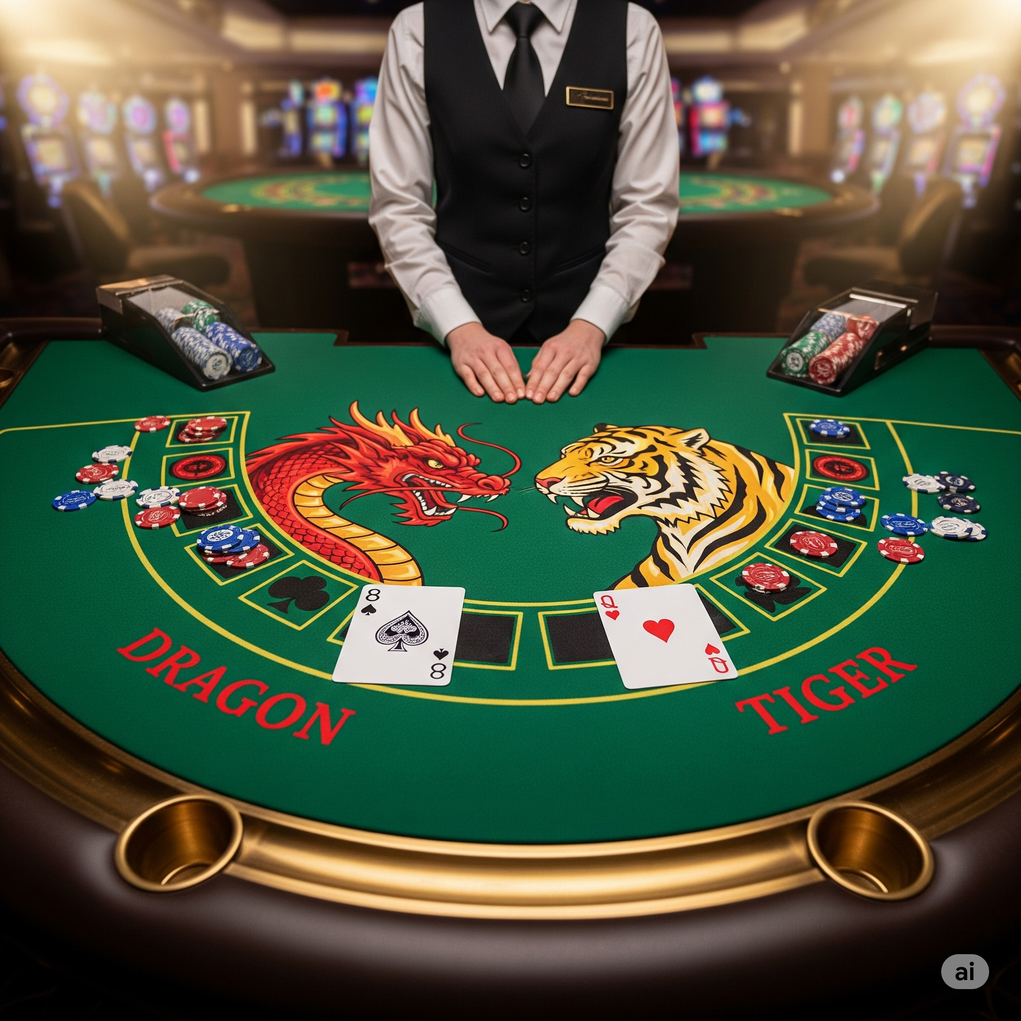 Fast-paced Dragon Tiger online card dealing with Dragon and Tiger sides competing for higher card.