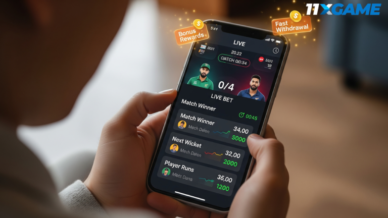 Live mobile betting app gameplay on smartphone with cricket match on screen, showing live stats and real-time betting.