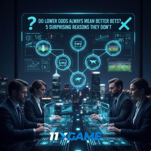 A team of bookmakers or analysts working in a futuristic control room overlooking a city at night. A large holographic display above them poses the question, "DO LOWER ODDS ALWAYS MEAN BETTER BETS? 5 SURPRISING REASONS THEY DON'T," with interconnected data points and icons related to sports betting.