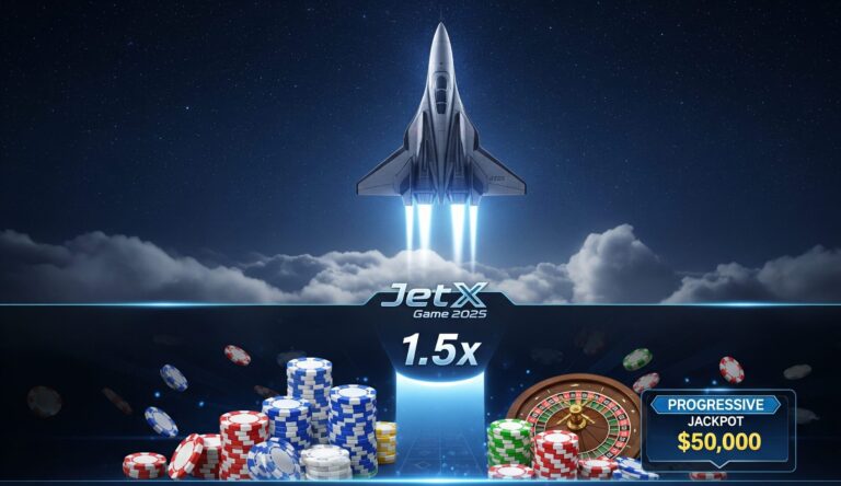 Futuristic spaceship launching into space with a rising multiplier and casino chips, representing the JetX Game 2025.