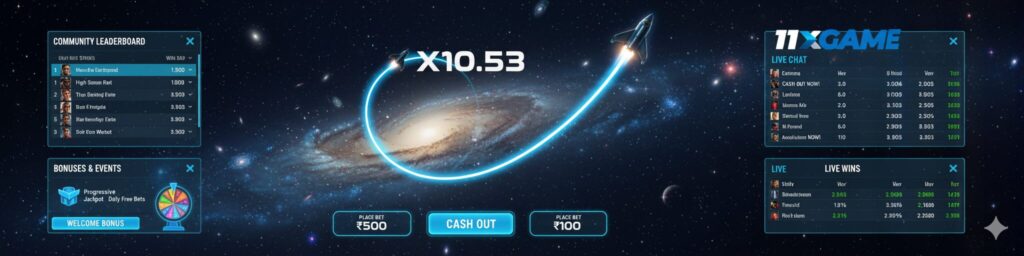 A live JetX game screen showing a community leaderboard, live chat, and a section for bonuses and events.