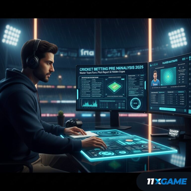 Cricket pre match analysis checklist graphic showing team form pitch report dew factor and market movement
